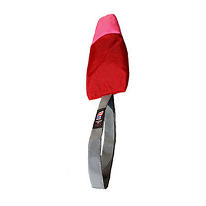 Pink & Red Popsicle shaped dog toy with a silver looped handle