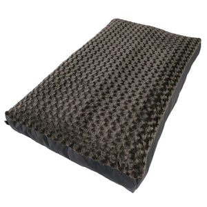charcoal colored dog bed with swirly fleece top