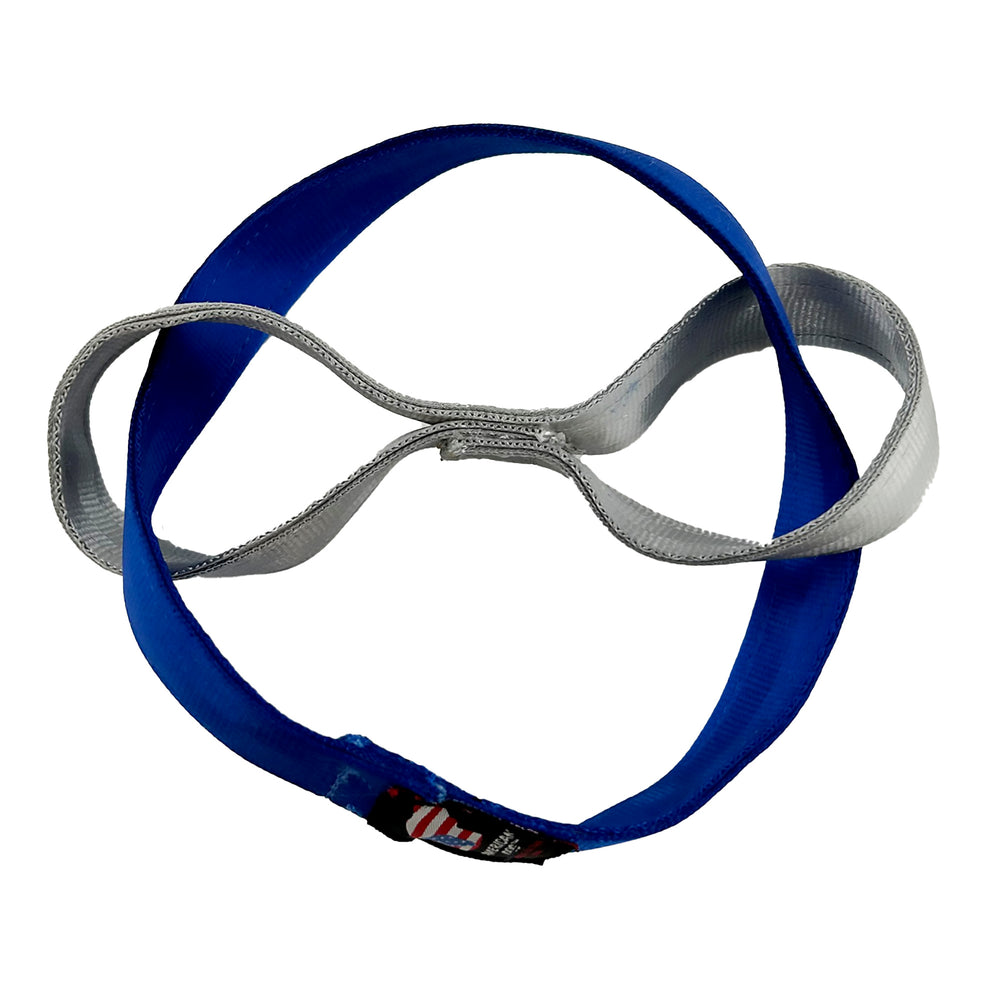 blue and silver seatbelt dog toy in a figure 8 shape with a loop through it.