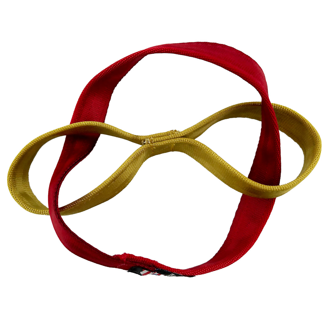 Red & gold  seatbelt dog toy in a figure 8 shape with a loop through it.