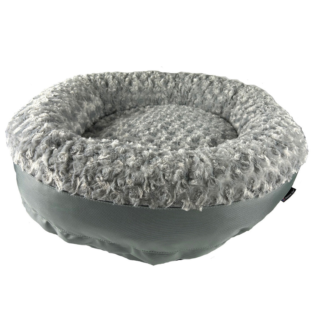 silver fleece round bolstered dog bed