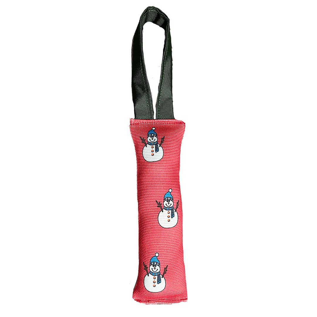 Black, red, white, and blue snowman firehose dog toy