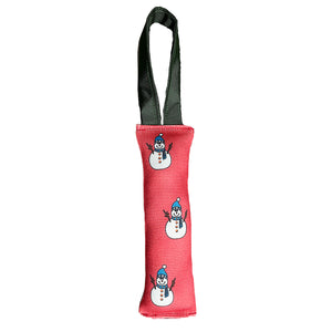 Red fire hose with with snowmen and a dark green handle