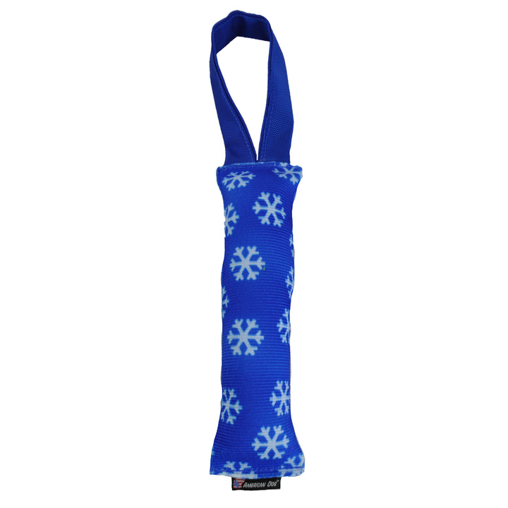 Blue and white snowflake firehose dog toy
