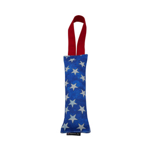 Blue Fire hose dog toy with white stars and red handle