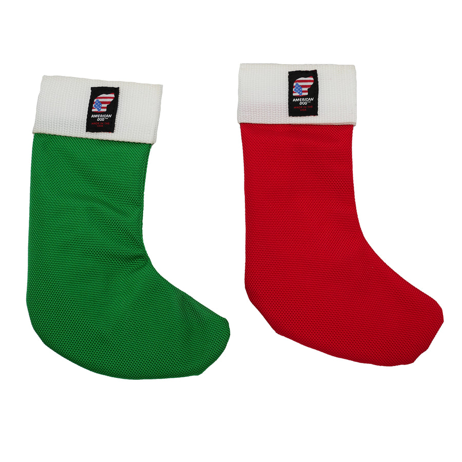 Green and red stocking dog toys front side