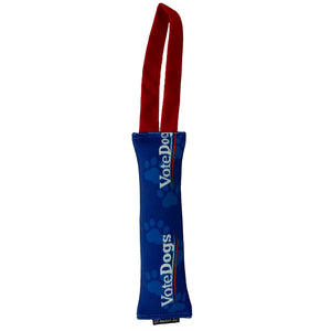 blue fire hose with dog paws and 'vote dog' with red tug handle
