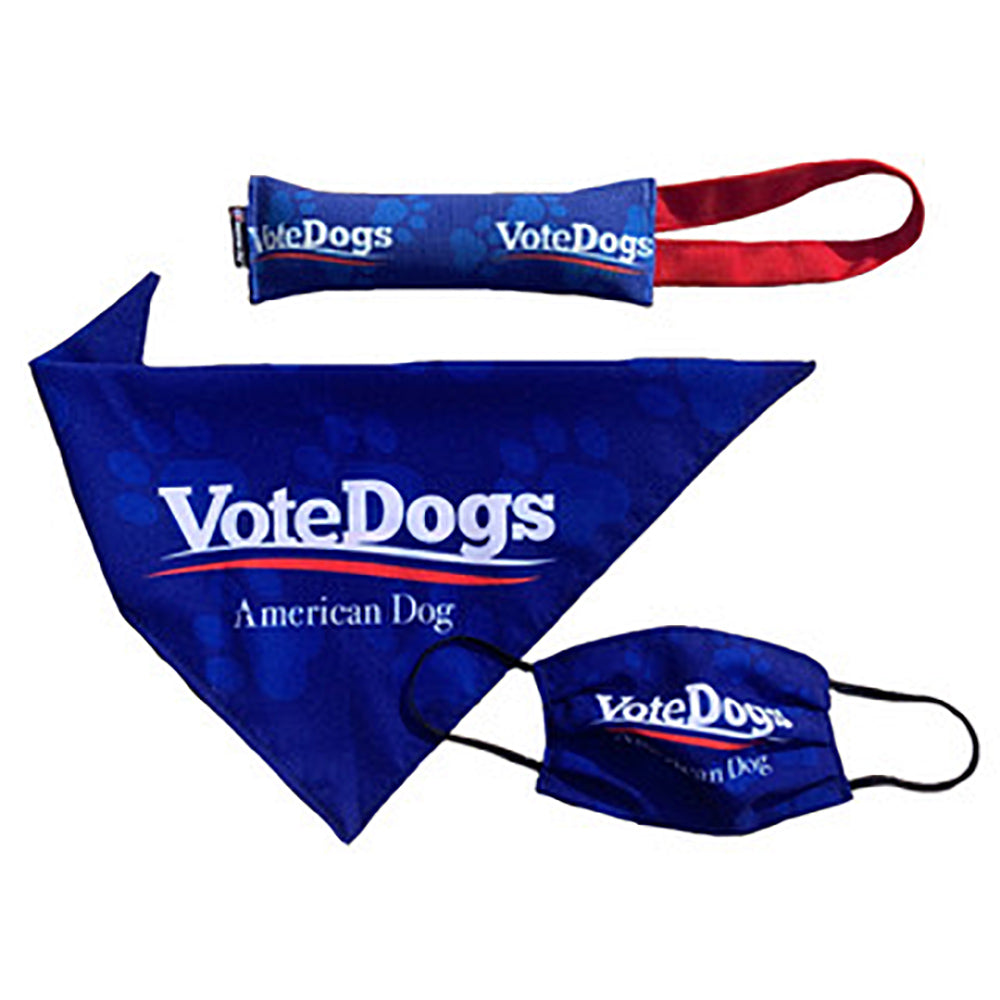 Vote Dog firehose toy, bandana, and mask (group shot)