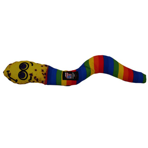 Worm shaped dog toy with a cartoon face with a rainbow striped body