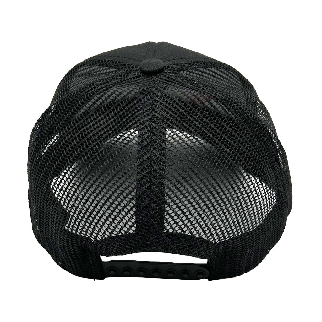 back side of black mesh trucker hat