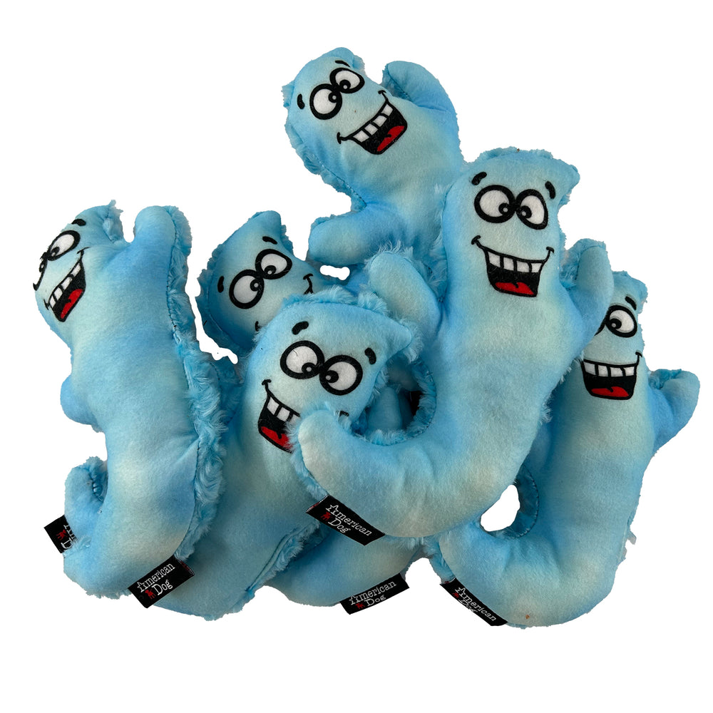 Blue Ghost shaped plush toys with cartoonish faces on a white background