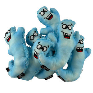 Blue Ghost shaped plush toys with cartoonish faces on a white background
