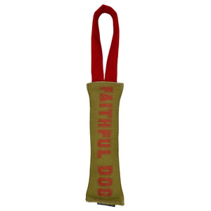 Gold firehose with 'Faithful Dog' text with a red handle