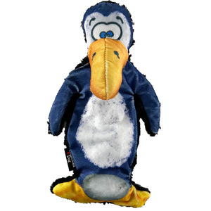 purple penguin shaped dog toy with a cartoon face and an orange beak