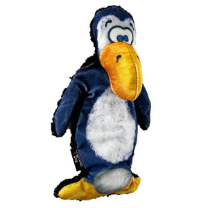 purple penguin shaped dog toy with a cartoon face and an orange beak