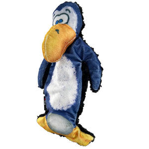 purple penguin shaped dog toy with a cartoon face and an orange beak
