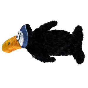 purple penguin shaped dog toy with a cartoon face and an orange beak and black fleece backside