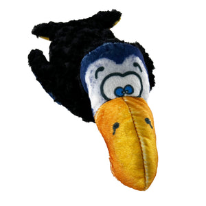 purple penguin shaped dog toy with a cartoon face and an orange beak and black fleece backside