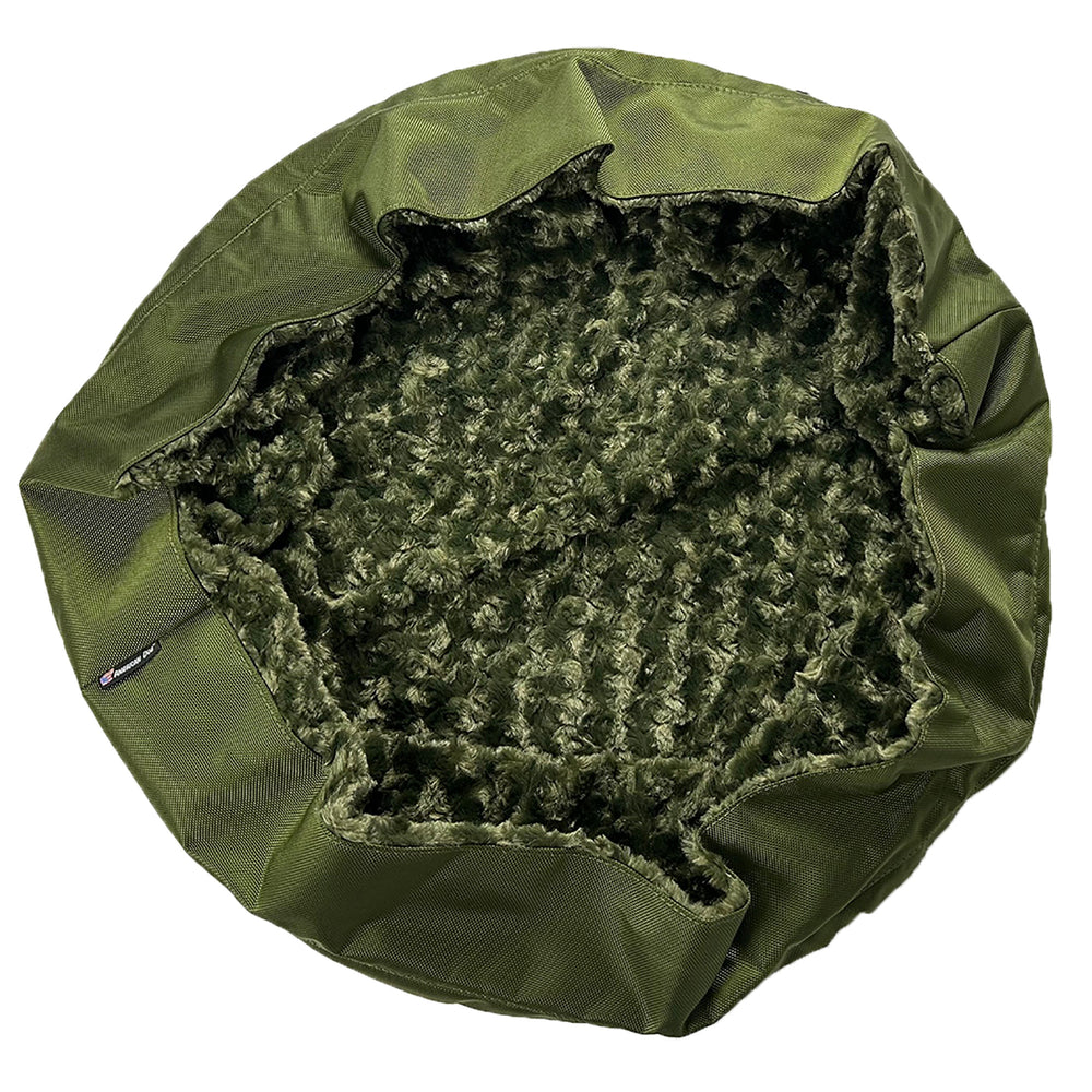 Round blostered fuzzy dog bed cover olive