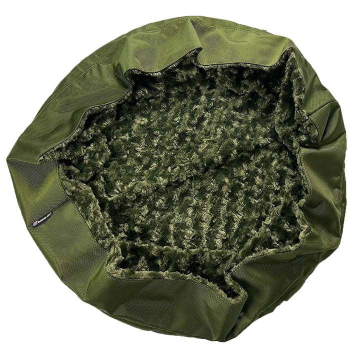Round blostered fuzzy dog bed cover olive