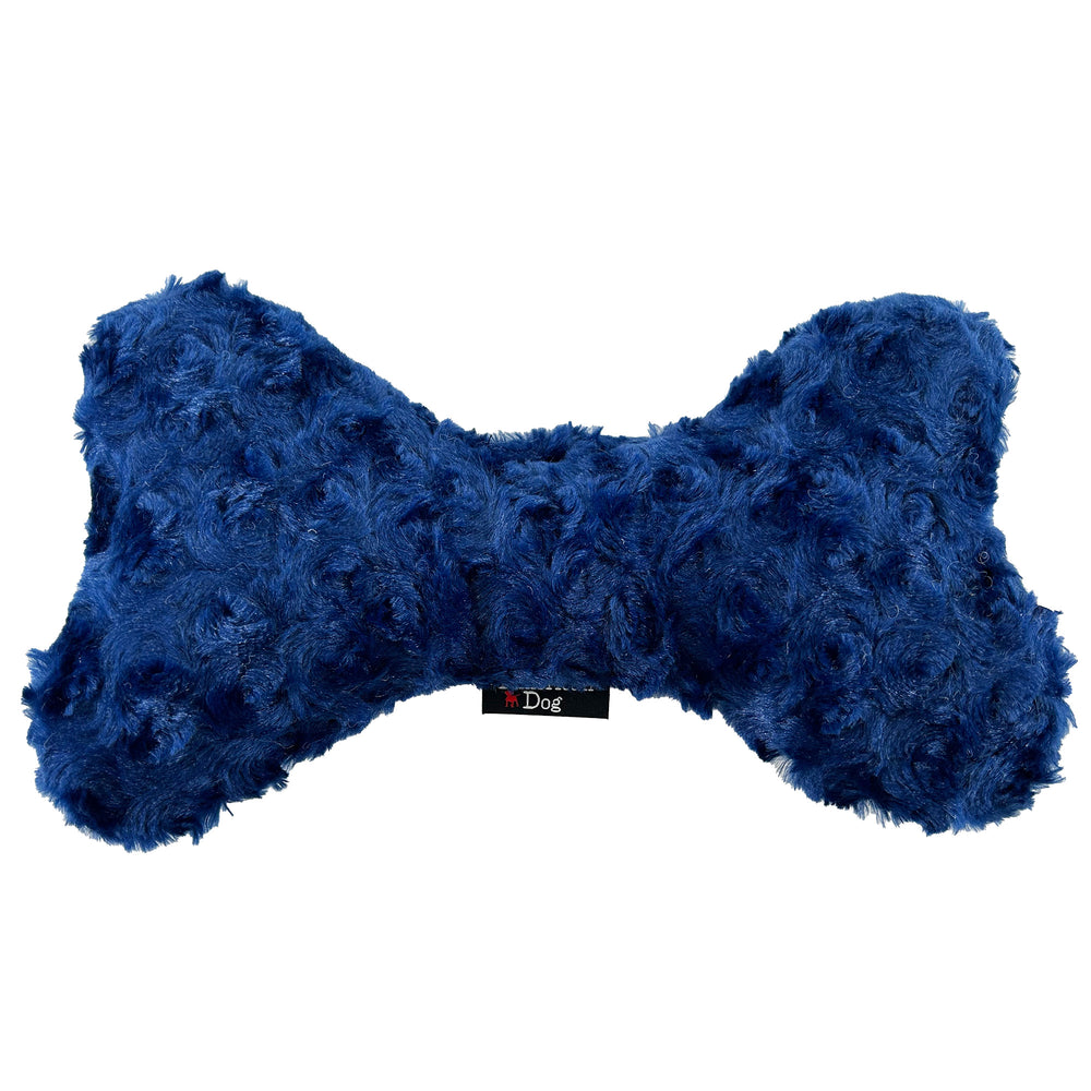 Bone shaped dog toy made with blue swirly fleece
