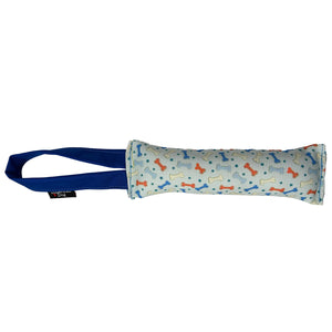 Light blue fire hose toy with  bone & star pattern with a blue handle