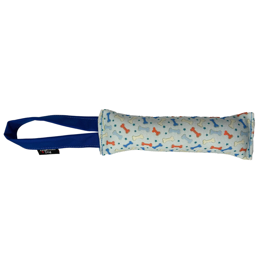 Light blue fire hose dog toy with little colorful bones and star with a blue handle