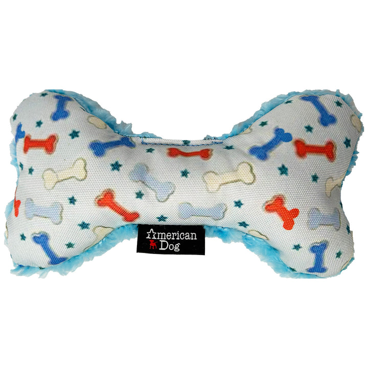 Bone-shaped nylon dog toy with colorful bone pattern & blue stars on a white background, branded 'American Dog'.