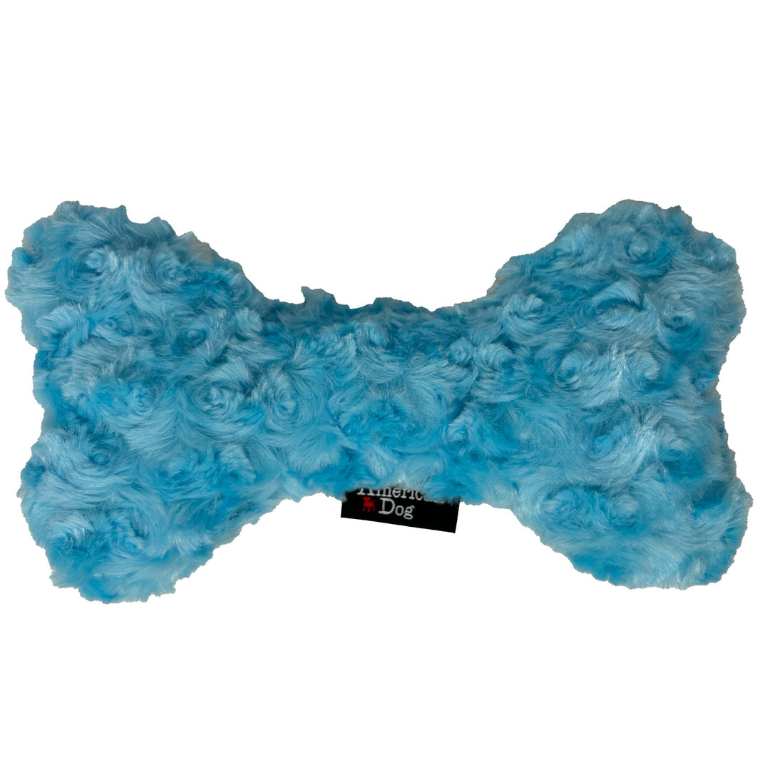 Blue textured fleece dog toy with a brand label on a white background
