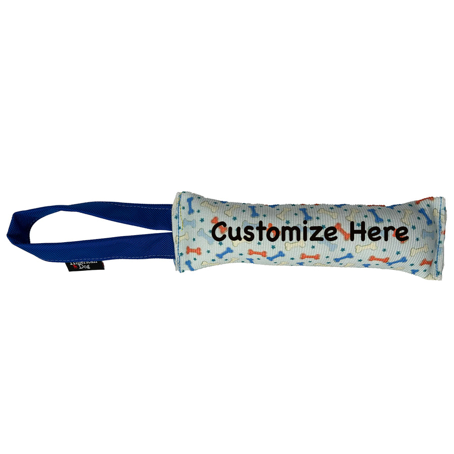 Light blue fire hose dog toy with little colorful bones and star with a blue handle and text that says 'customize here'