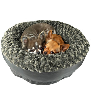 2 chihuahuas laying on a charcoal colored round bolstered fleece dog bed