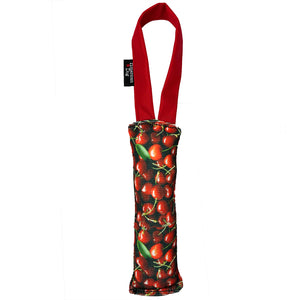 Fire hose dog toy with images of cherries and red handle