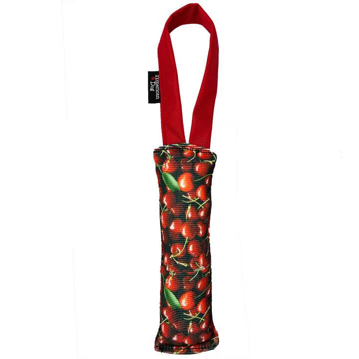 Fire hose dog toy with images of cherries and red handle