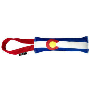 Fire Hose dog toy with a Colorado flag design a red handle