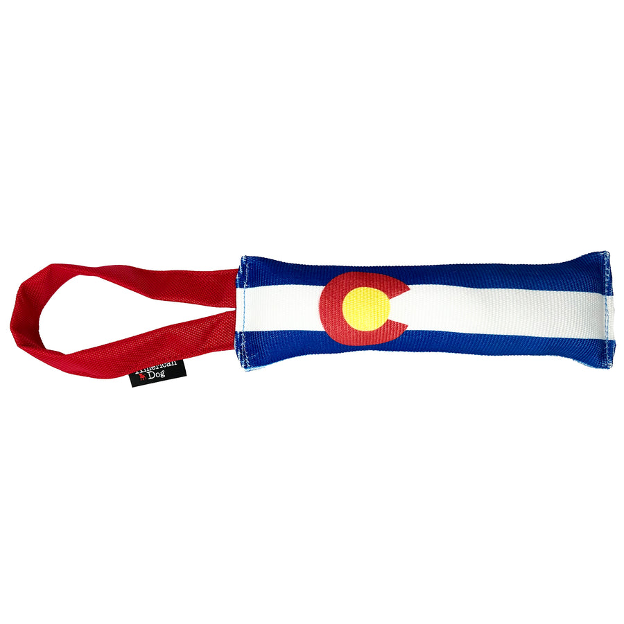 Fire Hose dog toy with a Colorado flag design a red handle