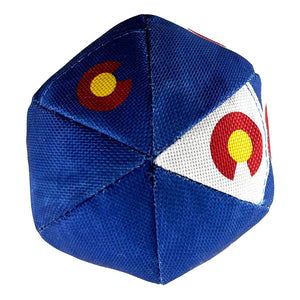 blue ball with a blue and white treat pocket with a red c with a yellow center