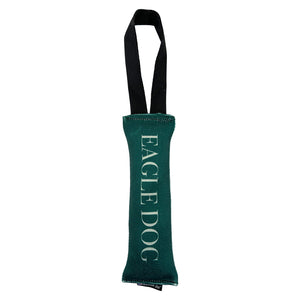Dark teal fire hose dog toy  with 'Eagle Dog' on it. Black Tug handle