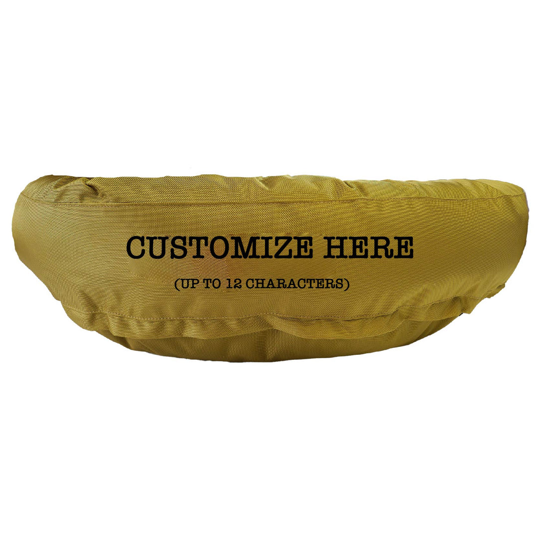 Gold round bolstered dog bed with red embroidered 'Customized Here'.