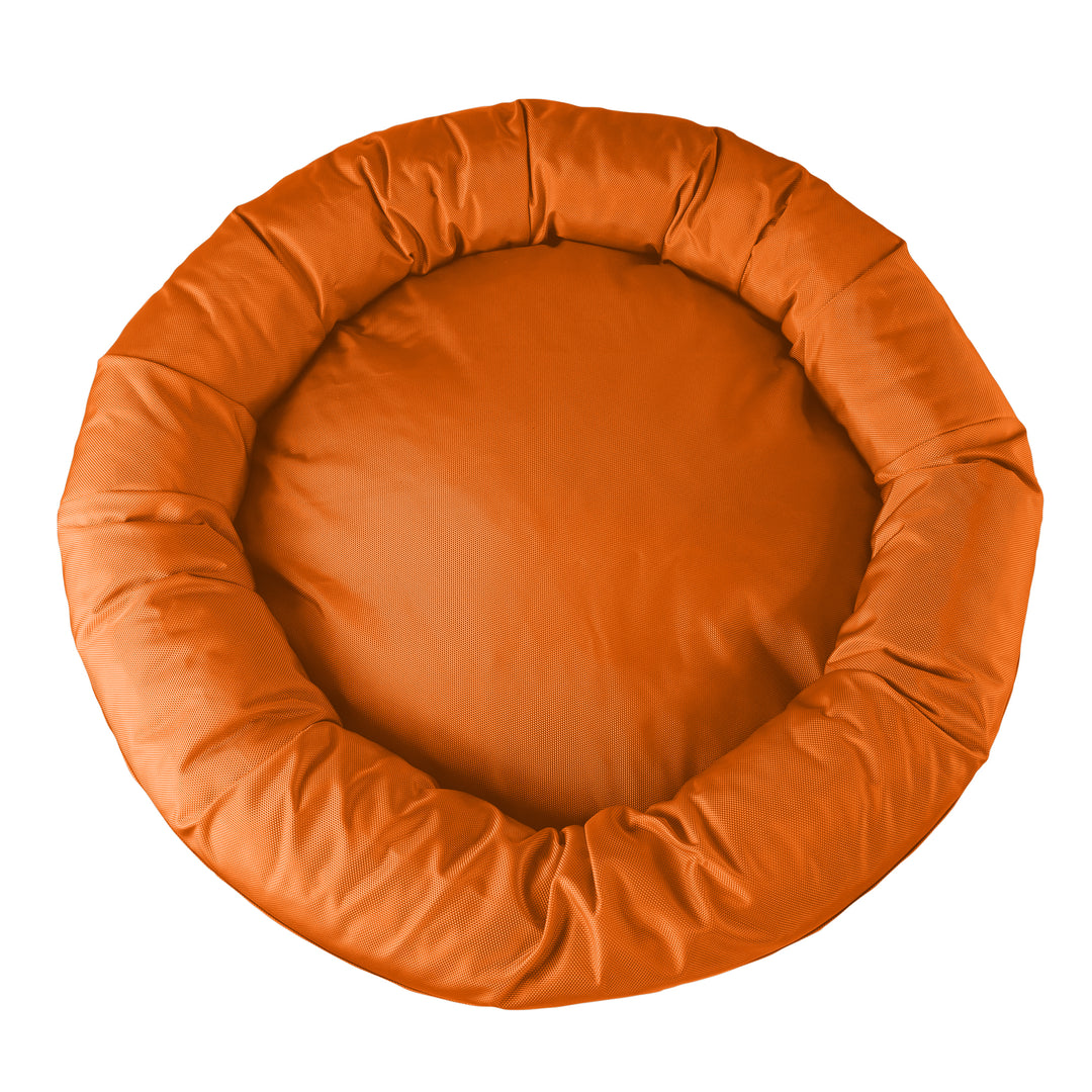 Top view of an orange bolstered dog bed 