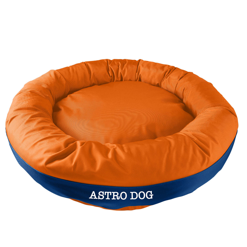 Orange bolstered dog bed with blue band in center with 'Astro Dog' white embroidery.