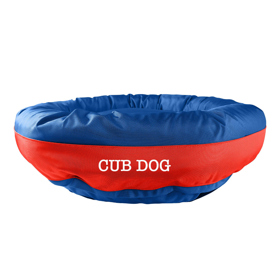 Royal round bolstered dog bed with red band with white embroidered 'Cub Dog'.