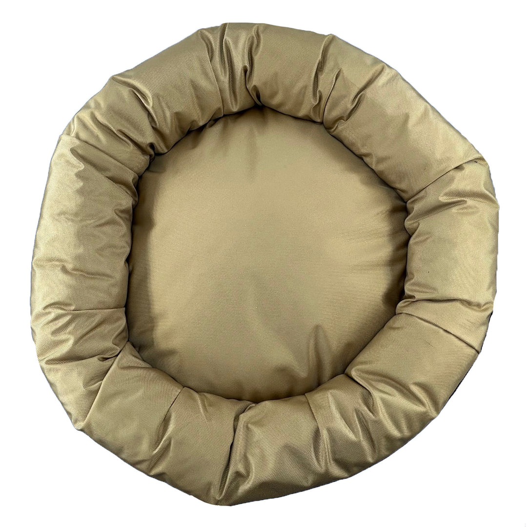 Top view of a gold round bolstered dog bed.