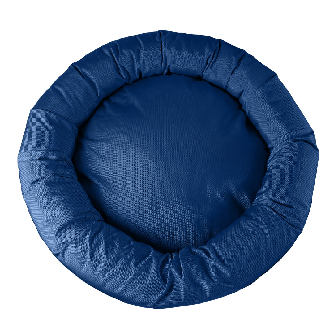 Top view of a dark blue round bolstered dog bed.