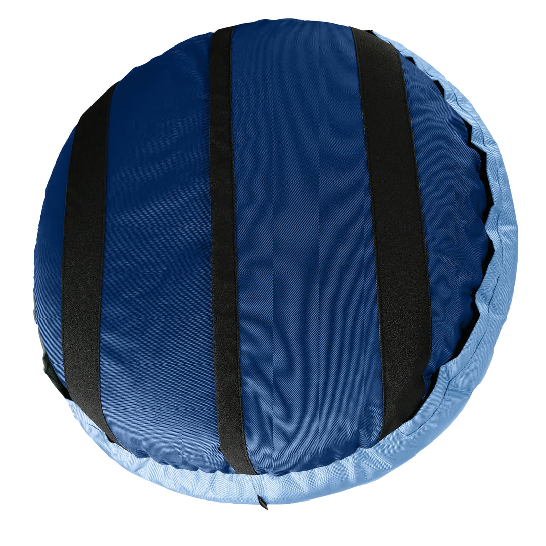 Bottom of dark blue round bolstered dog bed with black strips and light blue band.
