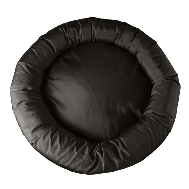 top view of round dog bed with bolster.  All black.