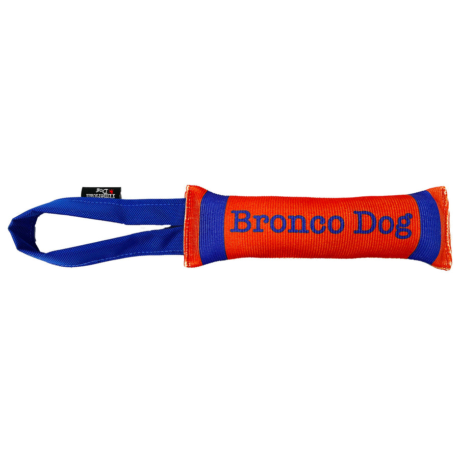 orange and blue fire hose dog toy that says 'Bronco dog'