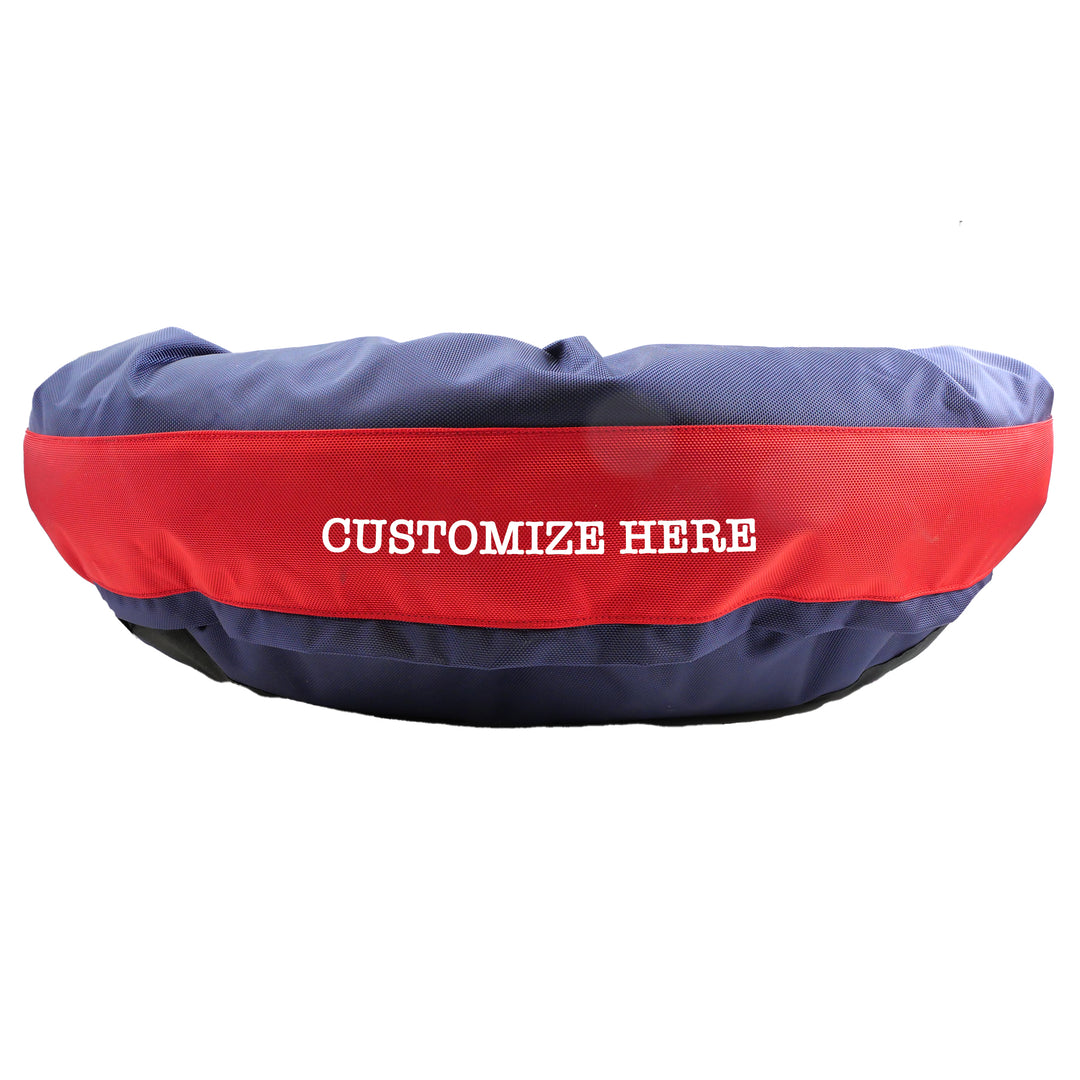 blue and red dog bed with word custom area