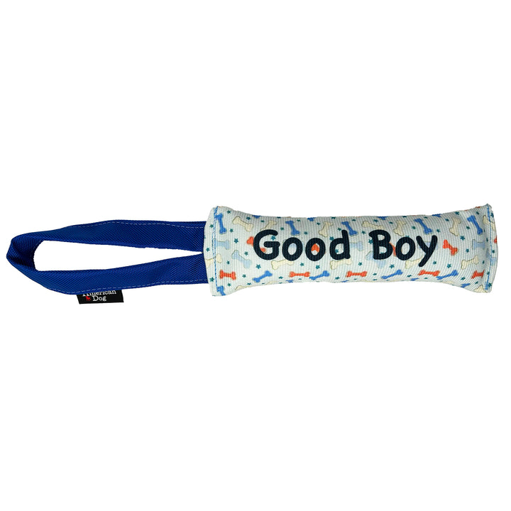 Light blue fire hose toy with 'Good Boy' text and bone & star pattern with a blue handle