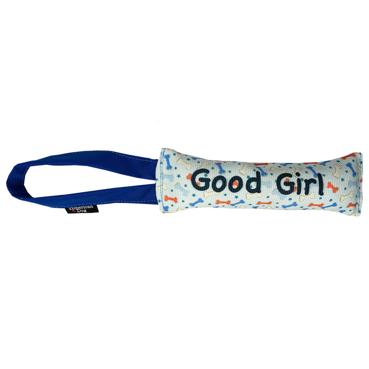 Light blue fire hose toy with 'Good Girl' text and bone & star pattern with a blue handle