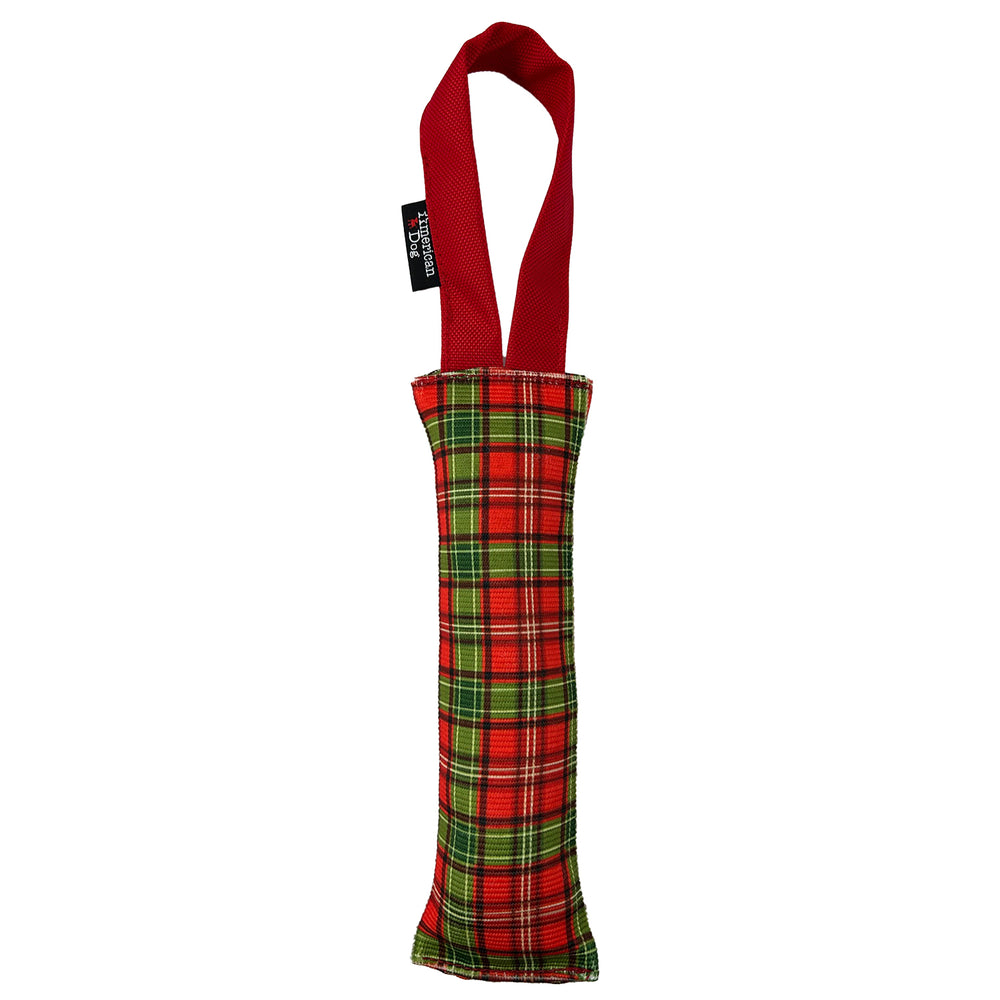 Red and green holiday plaid fire hose dog toy with a red handle 